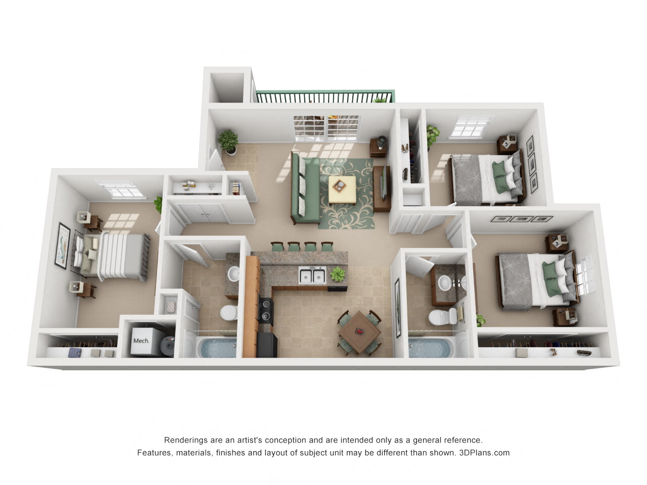 Floor plan for 3 beds, 2 baths, 989 sqft